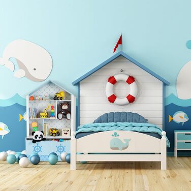 Дитяча полиця Relaxdays у формі будинку, морська тематика, 5 відділень, 2 висувні ящики на колесах, 128x75x34 см, для зберігання іграшок, біло-синя