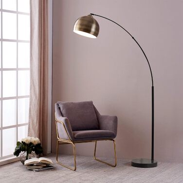 Торшер Teamson Home Arquer з арочною LED-дугою, чорний, із мармуровою підставкою та латунним абажуром для вітальні чи їдальні, сучасний дизайн