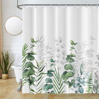 Штора для душу 180x220 см, антигрибкова, з тропічним дизайном (зелені пальмові листя, евкаліпт, гриби), водонепроникна, поліестер, для ванної кімнати, з 12 гачками