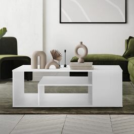Стіл журнальний ML-Design білий глянець 100x42x60 см, з полицею зі скла та 4 бічними відділеннями, сучасний стіл для вітальні з місцем для зберігання, дерев'яний кофейний стіл