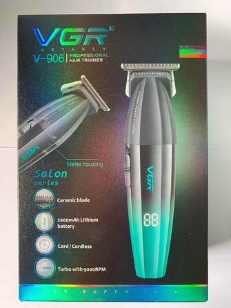 Професійна машинка для стрижки VGR 906 Fresh Fade, 9000 об/хв, бездротовий тример для бороди та волосся з DLC T-лезом, USB зарядка, зелена