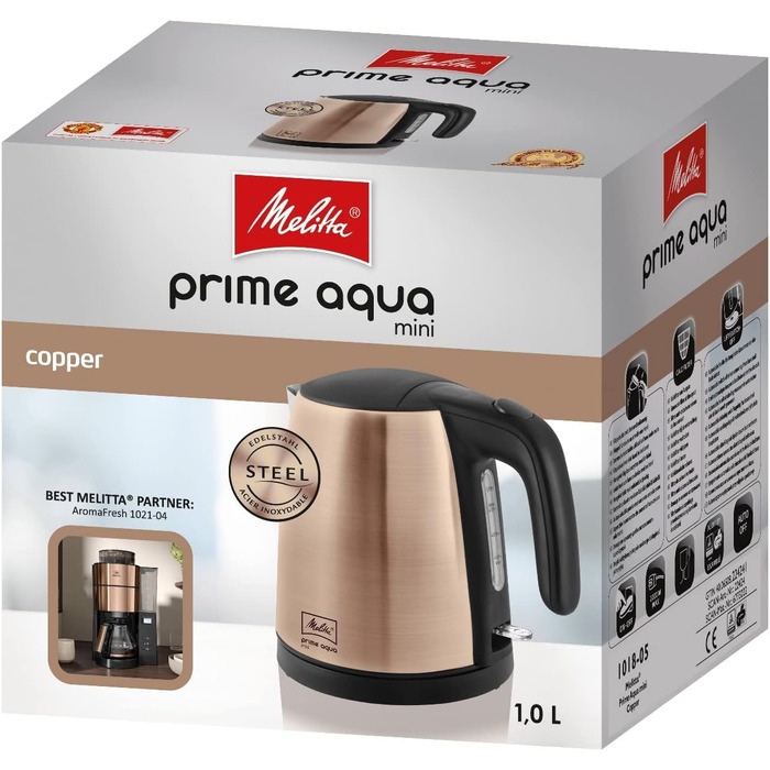 Електрочайник MELITTA Prime Aqua mini, 1 л, 2200 Вт, нержавіюча сталь, купрум
