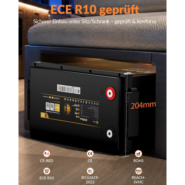 LiFePO4 акумулятор 12V 100Ah H190 ECE R10 з Bluetooth 5.4 для кемперів та будинків на колесах (12V 280Ah MINI)