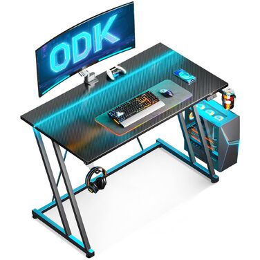 Ігровий стіл ODK 80x50 см з LED підсвіткою, чорний карбон. Стіл для геймерів з тримачем для навушників та підставки для напоїв