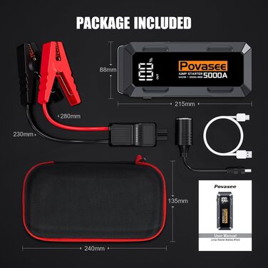 Бустер автозапуску Povasee Starthilfe Powerbank 5000A для бензинових та дизельних двигунів (до 10л), пусковий пристрій 12V з LCD-дисплеєм, USB-портами та LED-ліхтарем, сірий
