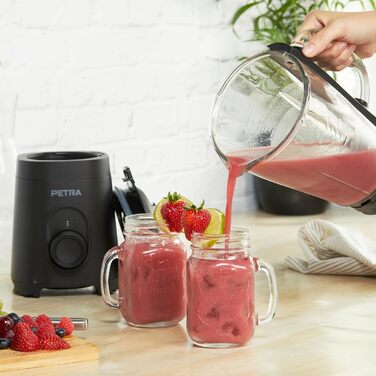 Скляний стаціонарний блендер Petra PT5531MBLKVDE, 1.5 л, BPA Free, 600 Вт, імпульсний режим, 2 швидкості, нержавіюча сталь, безпечна кришка, мірна шкала, для смузі