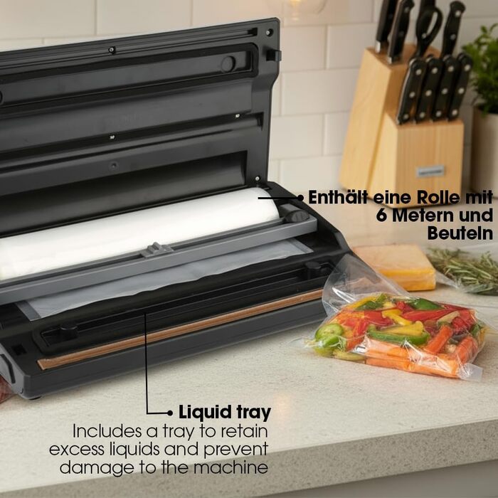 Вакуумний пакувальник Vesta Precision V11 для продуктів, 31 см, чорний - побутовий вакууматор з рулоном для упаковки