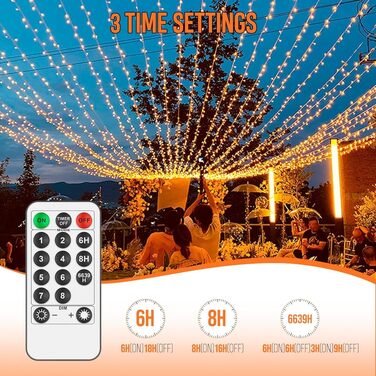 Світлодіодна гірлянда для вулиці та дому 25м 200 LED, теплий білий колір, 8 режимів роботи, з пультом та таймером, водонепроникна IP44, різдвяна ілюмінація для балкона та саду