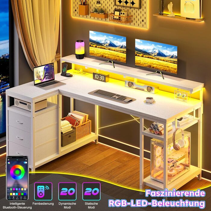 Ігровий стіл L-подібний з LED підсвіткою, 3 шухляди, USB-порт, розетка, тримач для монітора, 140x80 см, білий