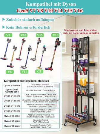 Металевий стійка-тримач JUPELI для пилососів Dyson V16, Gen5, V15, V12, V11, V10, V8, V7, V6 — підставка для зберігання пилососа та аксесуарів, підлогова, без свердління (чорна)