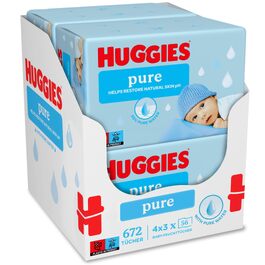 Дитячі вологі серветки Huggies Pure, гіпоалергенні, 12 упаковок по 56 шт (запас на місяць)