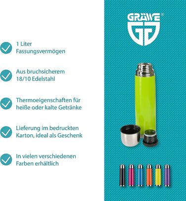 Термос GRÄWE 1 л, нержавіюча сталь, ізольована пляшка для напоїв із чашкою, герметична, підходить для миття в посудомийній машині, зелена