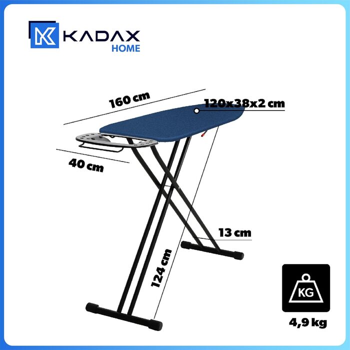 Праскадошка KADAX 120x38 см, складана, регульована по висоті, з антипригарними ніжками та 8 мм пінною підкладкою, темно-синя