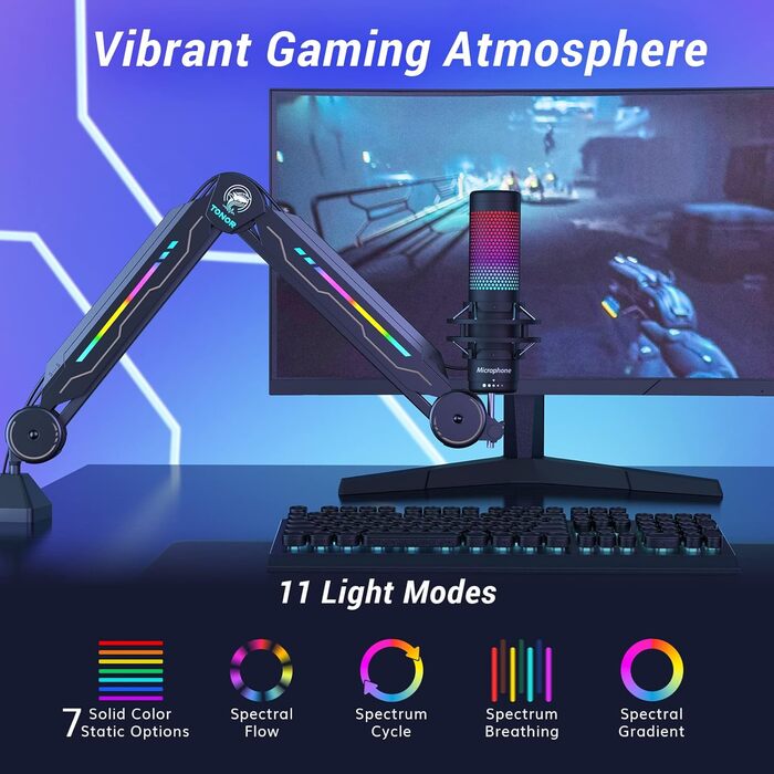 Мікрофон геймерський TONOR з RGB підсвіткою та тримачем - регульований мікрофонний кронштейн T90 з 11 ефектами для стрімінгу