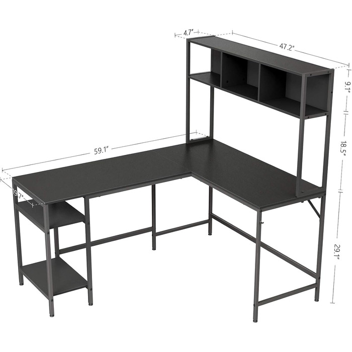 Кутовий комп'ютерний стіл CubiCubi 150x120 см з полицею, чорний, для дому та офісу, геймерський стіл з високим стелажем
