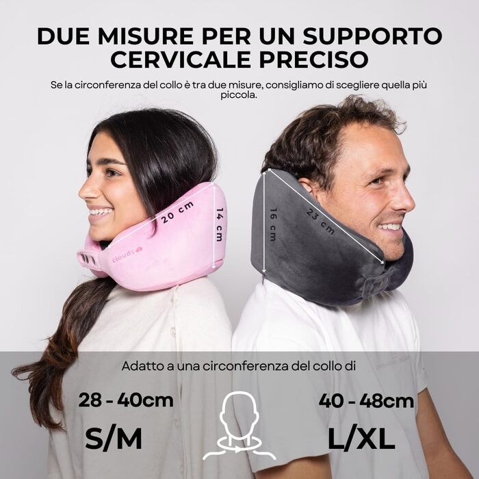 Подорожня подушка для шиї CLOUDS з ефектом пам'яті (Memory Foam) для літака та авто, регульована, дихаюча тканина, сіра, розмір L/XL