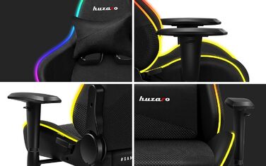 Ігрове крісло Huzaro Force 6.2 RGB Mesh з LED-підсвіткою, ергономічне, чорне, до 130 кг, регульована висота, підголівник і поперекова підтримка, тканина карбон