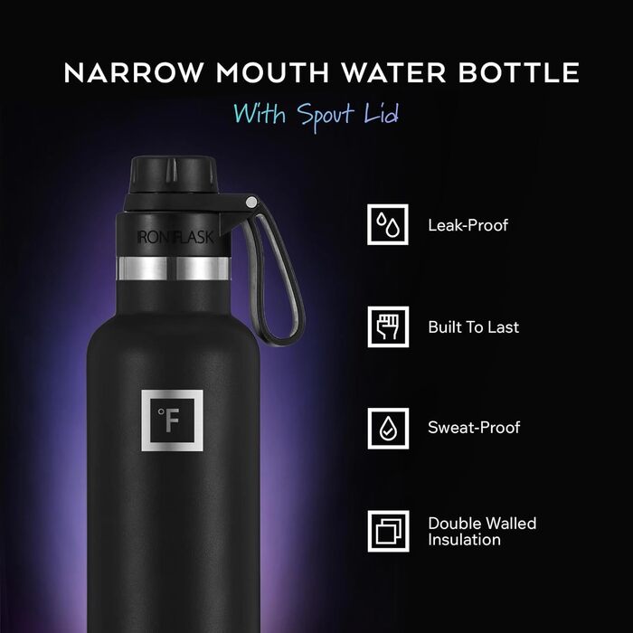 Термофляга IRON °FLASK Edelstahl 710 мл чорна: металева, подвійні стінки, ізольована, з 3 кришками, для спорту, школи, фітнесу, кемпінгу, без BPA