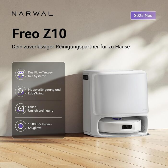 Робот-пилосос NARWAL Freo Z10 з функцією миття підлоги, 15000 Па, гаряча вода 75°C, автопорожнення, уникнення перешкод, антизаплутування для шерсті тварин