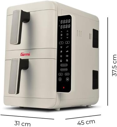 Аерофритюрниця Girmi FG41 Ecofrit Dual 2400 Вт з антипригарним покриттям, 9 програмами та цифровим дисплеєм, біла