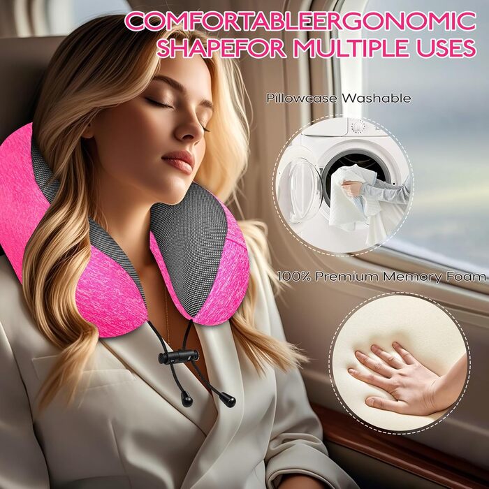 Подушка для подорожей під шию з ефектом пам'яті (Memory Foam) з 3D-маскою для сну та берушами, рожева — ідеальна для літака, авто та офісу