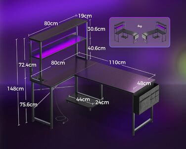 Ігровий стіл Coleshome L-подібної форми з LED-підсвічуванням та розетками, 110 × 80 см. Реверсивний стіл з полицями для зберігання, чорний. Підходить для home office та геймінгу.