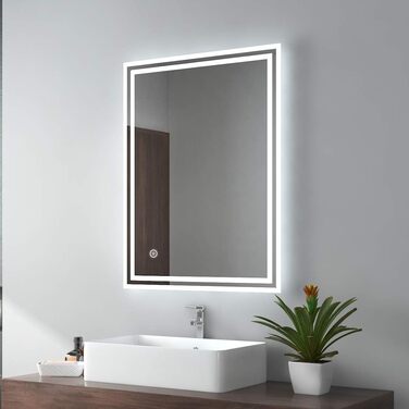 LED дзеркало для ванної кімнати EMKE 80x60 см з підсвіткою, сенсорне управління, протитуманне покриття, 3 кольори світла, IP44, енергозберігаюче