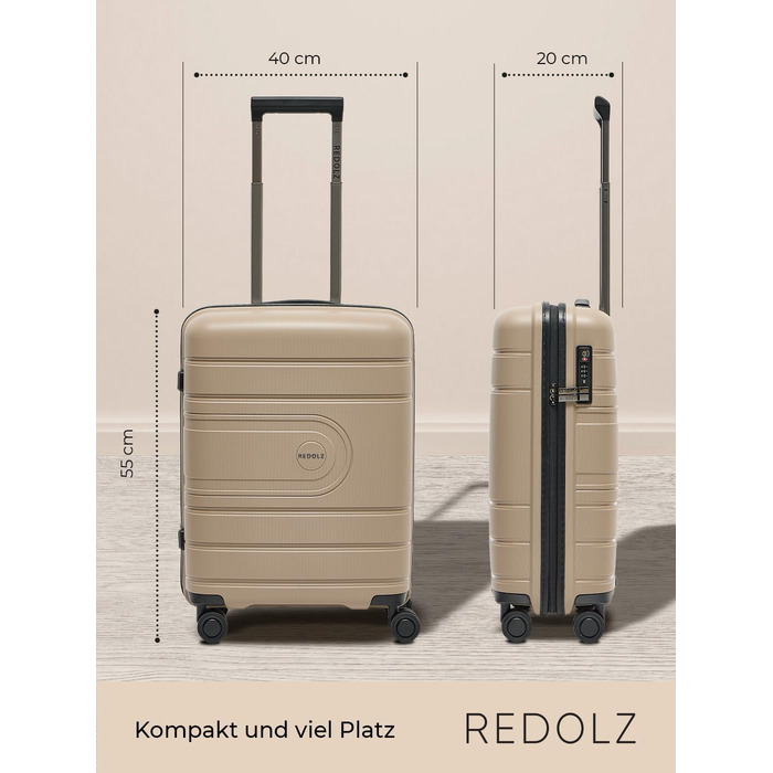 REDOLZ Жорсткий ручний чемодан 40x20x55 см із полiпропілену, 4 колеса, TSA-замок, легкий дорожній тролей для кабіни літака