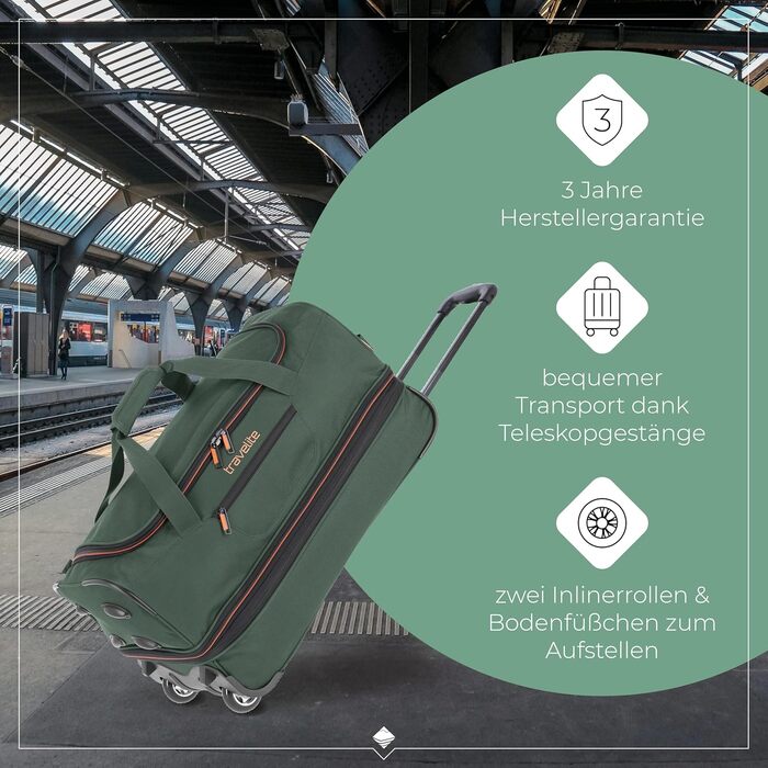 Дорожня сумка на колесах Travelite Basics Duffle L, 98-119 л, Зелено-помаранчева, 55 см