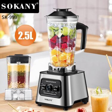 Потужний стаціонарний блендер SOKANY SK-999 6000 Вт, 2-в-1: блендер 2,5 л та кавомолка, 15 швидкостей, функції подрібнення льоду та самоочищення, без BPA, для смузі