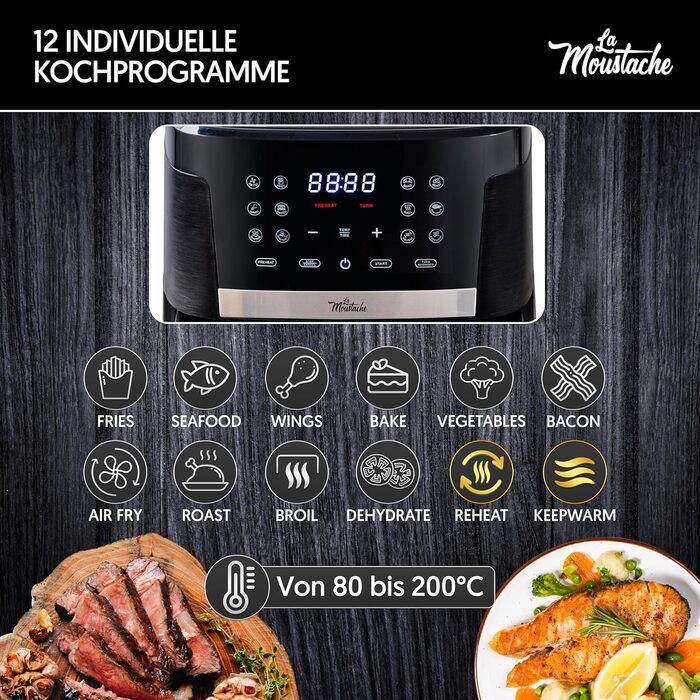 La Moustache Pro Smart Фритюрниця без олії 7 л, 1800 Вт, 12 програм, цифрове управління, антипригарна, з таймером, чорна, з електронною книгою рецептів