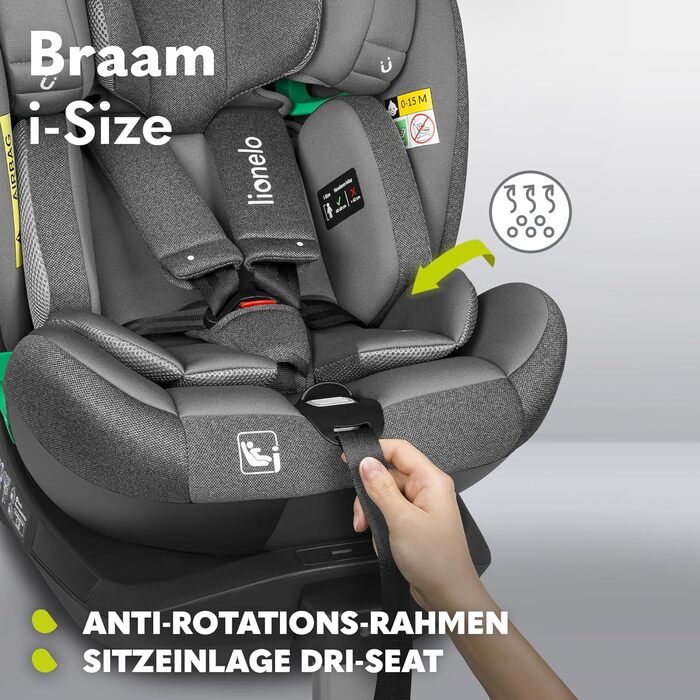 Дитяче автокрісло LIONELO BRAAM i-Size 0-36 кг, 360° обертання, ISOFIX, опора, регульовані підголівник і спинка, сіра вставка
