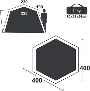 Намет your GEAR Ponza 400 для фестивалю, груповий, сімейний, 4×2,3 м, купольний, UV 50+, висота для стояння, водонепроникний 5000 мм, з підлогою, синьо-сірий