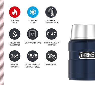 Термос для їжі Thermos Stainless King 470 мл з ложкою, нержавіюча сталь, зберігає тепло 6 годин/холод 24 години, герметичний, для супу та мюслі, підходить для посудомийної машини, Midnight Blue