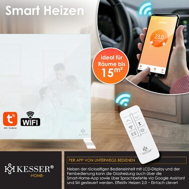 Інфрачервоний обігрівач KESSER 600Вт, скляний конвектор, енергоощадний, 2в1 – підлоговий і настінний, електрообігрівач з датчиком відкритого вікна, термостатом, керуванням через додаток і пульт, білий