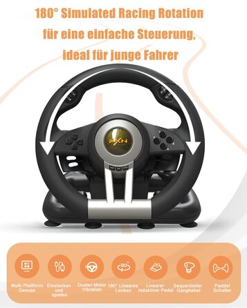 PXN V3 Pro Ігровий кермо з педалями для ПК, PS4, PS3, Xbox, Nintendo Switch. 180° поворот, вібрація, педалі, перемикачі швидкостей - Чорний