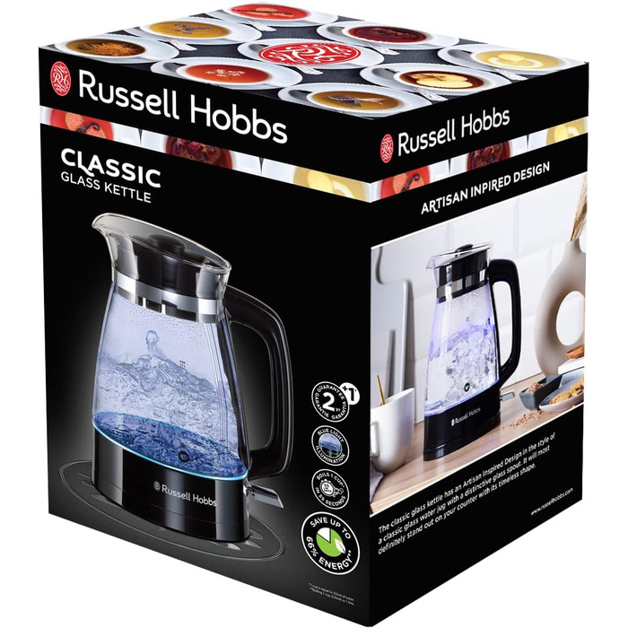Скляний електрочайник Russell Hobbs 26080-70 Classic Design, 1.7 л, 2400 Вт, з LED-підсвіткою та сталевою основою, чорний/прозорий