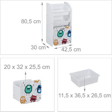 Дитячий стелаж Relaxdays з 3 коробками на роликах, монстр, білий, 80,5x42,5x30 см, іграшковий органайзер