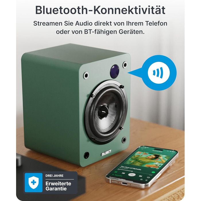 Активні колонки Majority D50X 60W 2.0 для ПК та HiFi: Bluetooth 5.3, HDMI ARC, AUX, вуглецевий диффузор, колір зелений