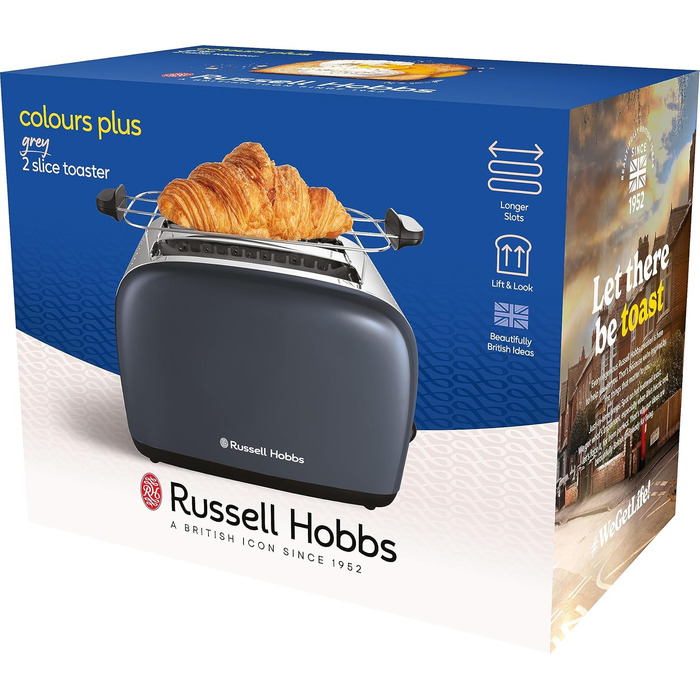 Тостер Russell Hobbs Colours Plus Edelstahl на 2 тости, сірий. З широкими слотами, підставкою для булочок, 6 режимів підсмажування, розморожуванням, функцією Lift & Look, 1600 Вт