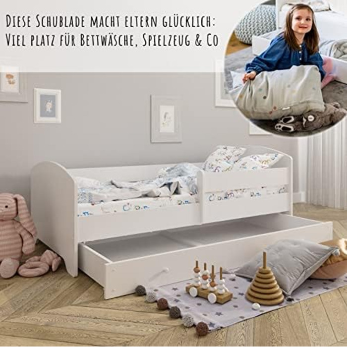 Дитяче ліжко Kids Collective 160x80 см з матрацом, висувною шухлядою, бортиком і ламелями, біле