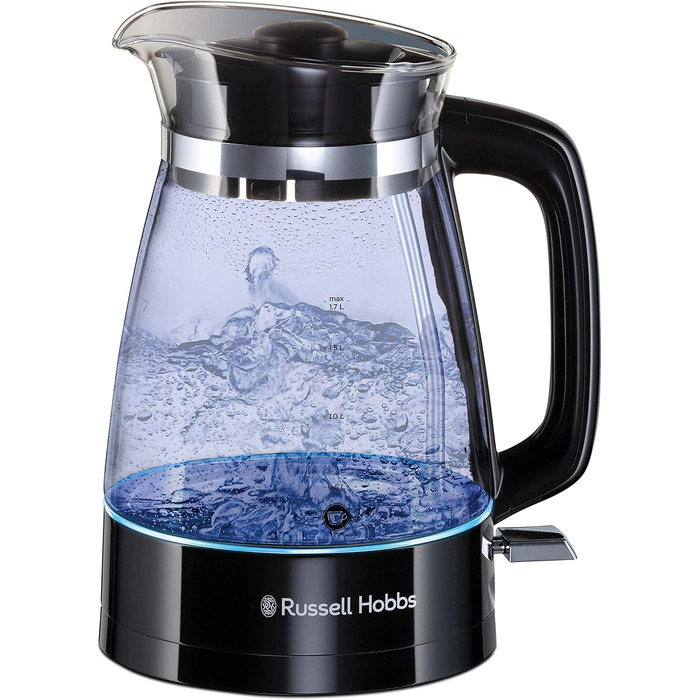 Тостер Russell Hobbs Textures+ (2 широкі слоти, підставка для булочок, 850 Вт, чорний) + Електричний чайник скляний Russell Hobbs Classic (1.7 л, 2400 Вт)
