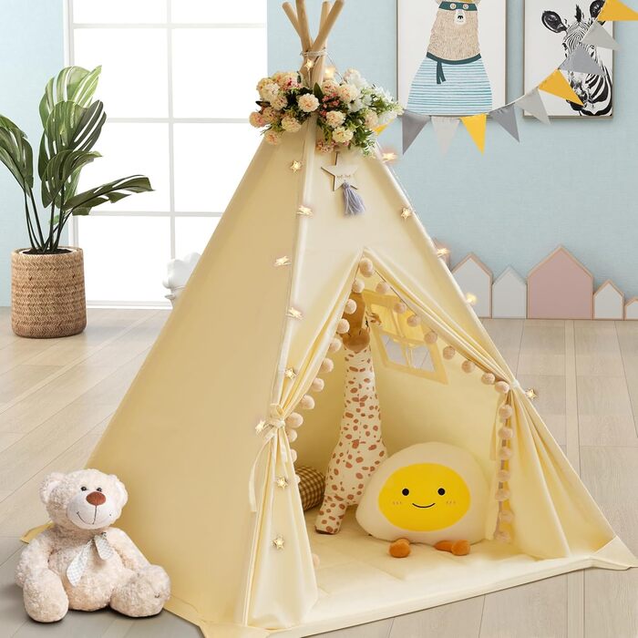Дитяче намет Tipi з м'якою матрацом, бавовна, канвас. Намет Tipi для дітей, ігровий намет для дівчаток та хлопчиків з зірками та ліхтариками, сумка, прапор (білий, кремовий)