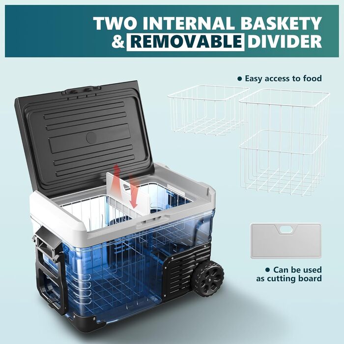 Автохолодильник EUHOMY 35L з Wi-Fi та компресором: 12/24V, 220-240V, -20℃~20℃, з колесами та кошиками для подорожей та кемпінгу (Чорний)