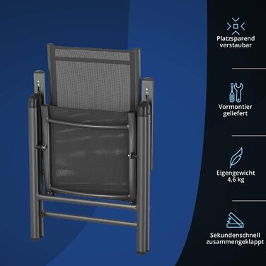 Садовий стілець KHG з високою спинкою, алюмінієвий складаний, 8-позиційна регульована спинка з підлокітниками, антрацитово-сірий, стійкий до погодних умов і корозії, навантаження до 120 кг, для балкона, попередньо зібраний, сітчастий пластик