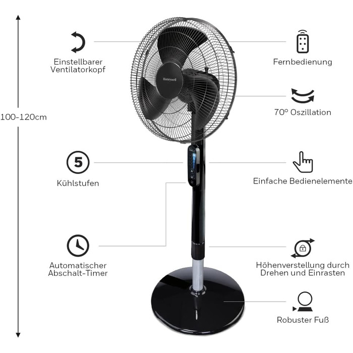 Вентилятор Honeywell Advanced QuietSet, підлоговий, 5 швидкостей, осциляційний, з таймером, регулюванням висоти та пультом ДУ, тихий
