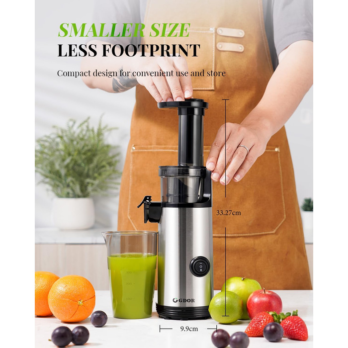 Соковитискач GDOR компактний, потужний Slow Juicer для овочів і фруктів, 600 мл, тиха робота, легке очищення, BPA Free, щітка в комплекті, висока віддача соку