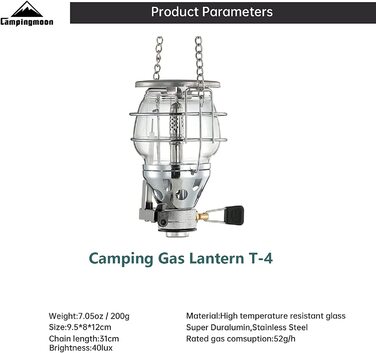 Газова кемпінгова лампа Campingmoon T-4 з п'єзозапалюванням, двома плафонами та підвісним ланцюгом, портативна лампа для намету