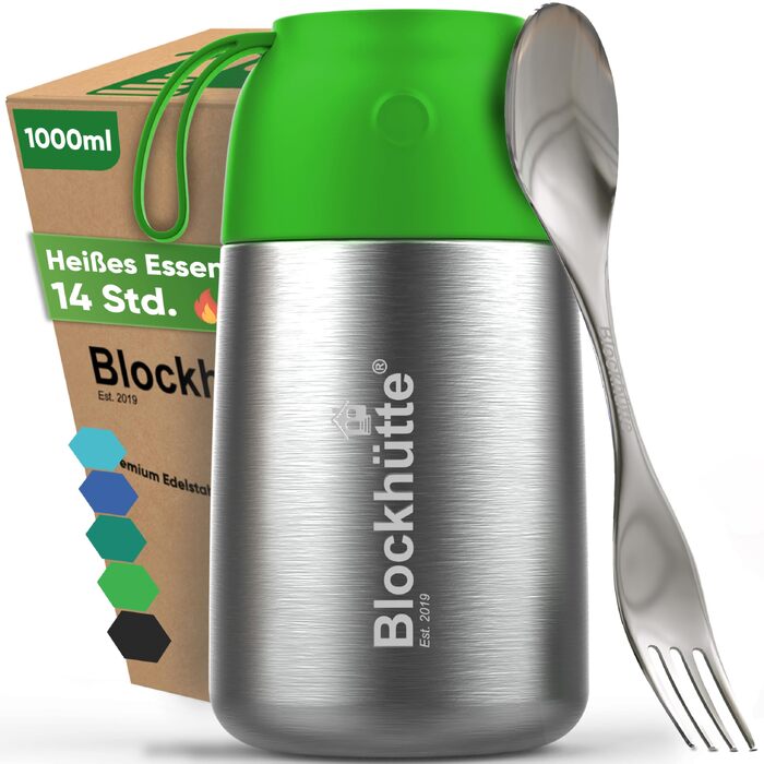 Термоконтейнер для їжі Blockhütte з нержавіючої сталі, 1 л, з подвійною ізоляцією та щіткою для чищення, ланч-бокс для дорослих (світло-зелений, 1000 мл)