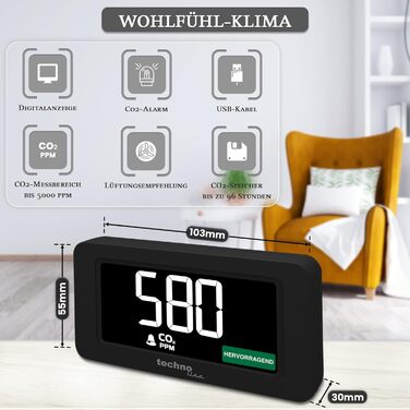 Монітор CO2 Techno Line, портативний, акумуляторний, чорний (WL1022)